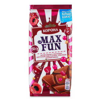 Шоколад молочний «Корона» Max Fun зі смаком вишні, 150г
