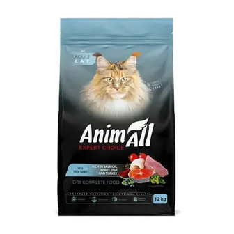 ТЕРМІН 08.2026!!! Сухий корм AnimAll для котів, лососем, білою рибою та свіжою індичкою, 12 кг