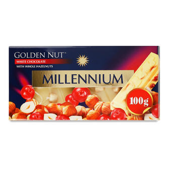 Білий шоколад Millennium Gold з цілими лісовими горіхами та журавлиною, 100г