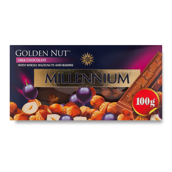 Шоколад молочний Millennium Gold з цілими лісовими горіхами та родзинками, 100г