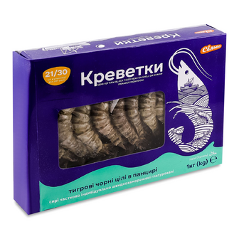 Креветки Сільпо тигрові чорні цілі в панцирі сирі глазуровані свіжоморожені 21/30, 1кг