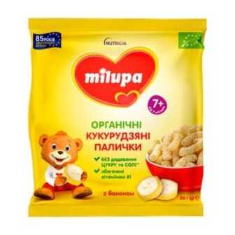 Дитячі органічні кукурудзяні палички Milupa з бананом, від 7 місяців, 20 г