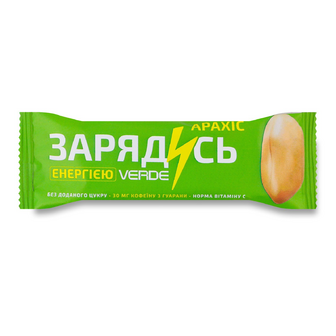 Батончик Verde Зарядись енергією з гуараною, арахісом та білим шоколадом, 30г