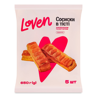 Сосиски Loven в тісті з майонезом та кетчупом заморожені, 650г