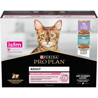 Набір вологого корму для дорослих котів з чутливим травленням Purina Pro Plan Delicate Digestion шматочки у підливці з індичкою та океанічною рибою 850 г (10 шт. х 85 г)