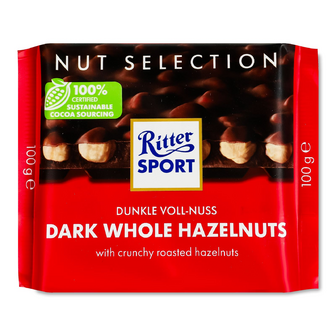 Шоколад темний Ritter Sport з цільними лісовими горіхами, 100г