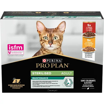 Набір вологого корму для дорослих стерилізованих котів Purina Pro Plan Sterilised шматочки у соусі з яловичиною та куркою 850 г (10 шт. х 85 г)