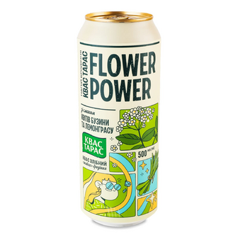 Квас Тарас FLOWER POWER зі смаком квітів бузини та лемонграсу з/б, 0.5л